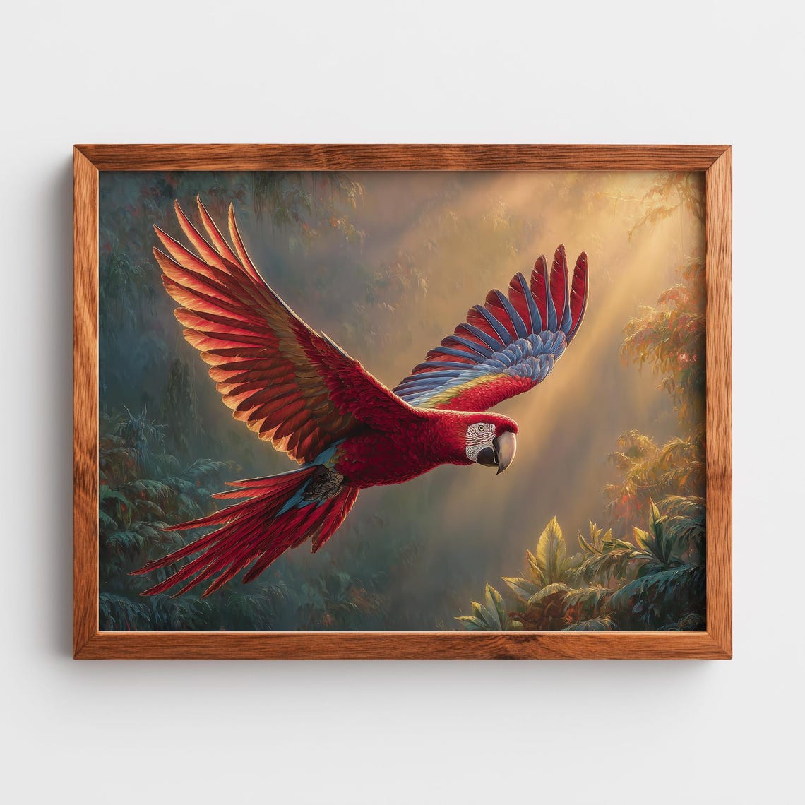 Scarlet Macaw Flying Through Rainforest Sunlight Wildlife Poster