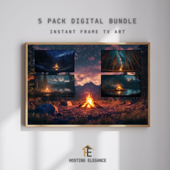 Campfire Under Stars Frame Tv Art Bundle 5 Pack For Samsung Modern Wall Decor