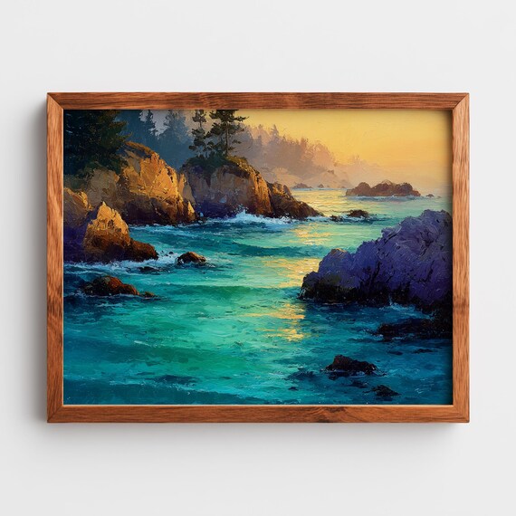 Turquoise Coastal Seascape Golden Sunset Rocky Cliffs Art Poster