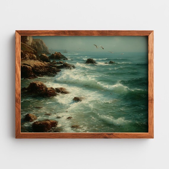 Dramatic Ocean Waves Crashing on Rocky Cliffs Seascape Poster