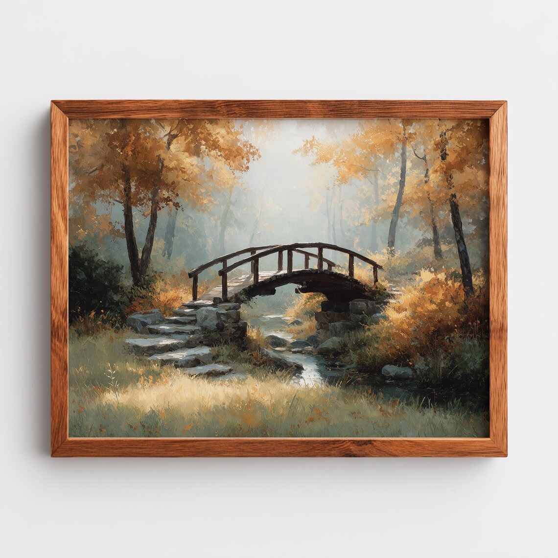 Rustic Wooden Bridge In Autumn Print Watercolor Landscape Art Serene Foliage Scene Wall Decor 302