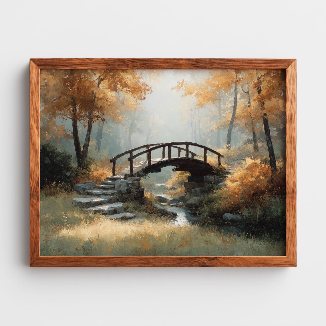 Rustic Wooden Bridge Misty Autumn Forest Golden Light Watercolor Print