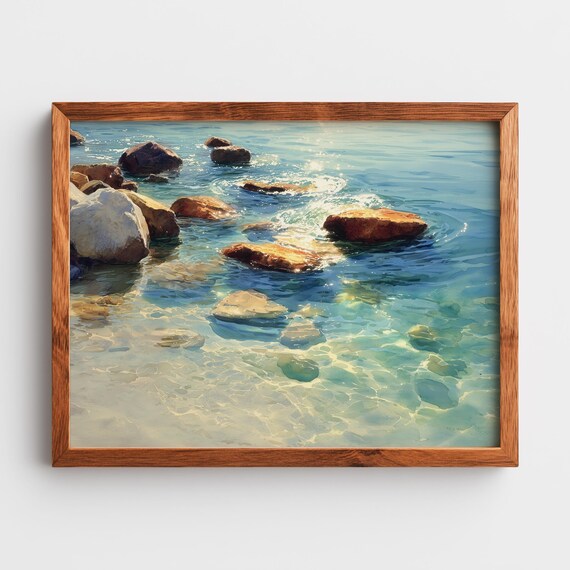 Sunlit Rocks in Clear Shallow Water Shoreline Oil Painting Poster
