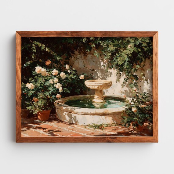 Garden Fountain Roses Vintage Oil Painting Courtyard Art Poster