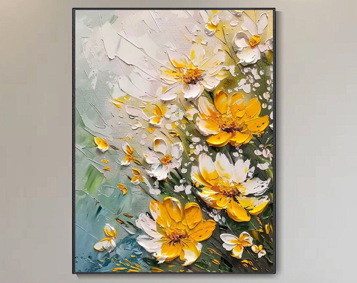 Floral Oil Painting Spring Yellow Flower Art Decor White Petal Fresh Modern Home Bedroom Wall Painting Artwork Garden Scenery Knife Painting