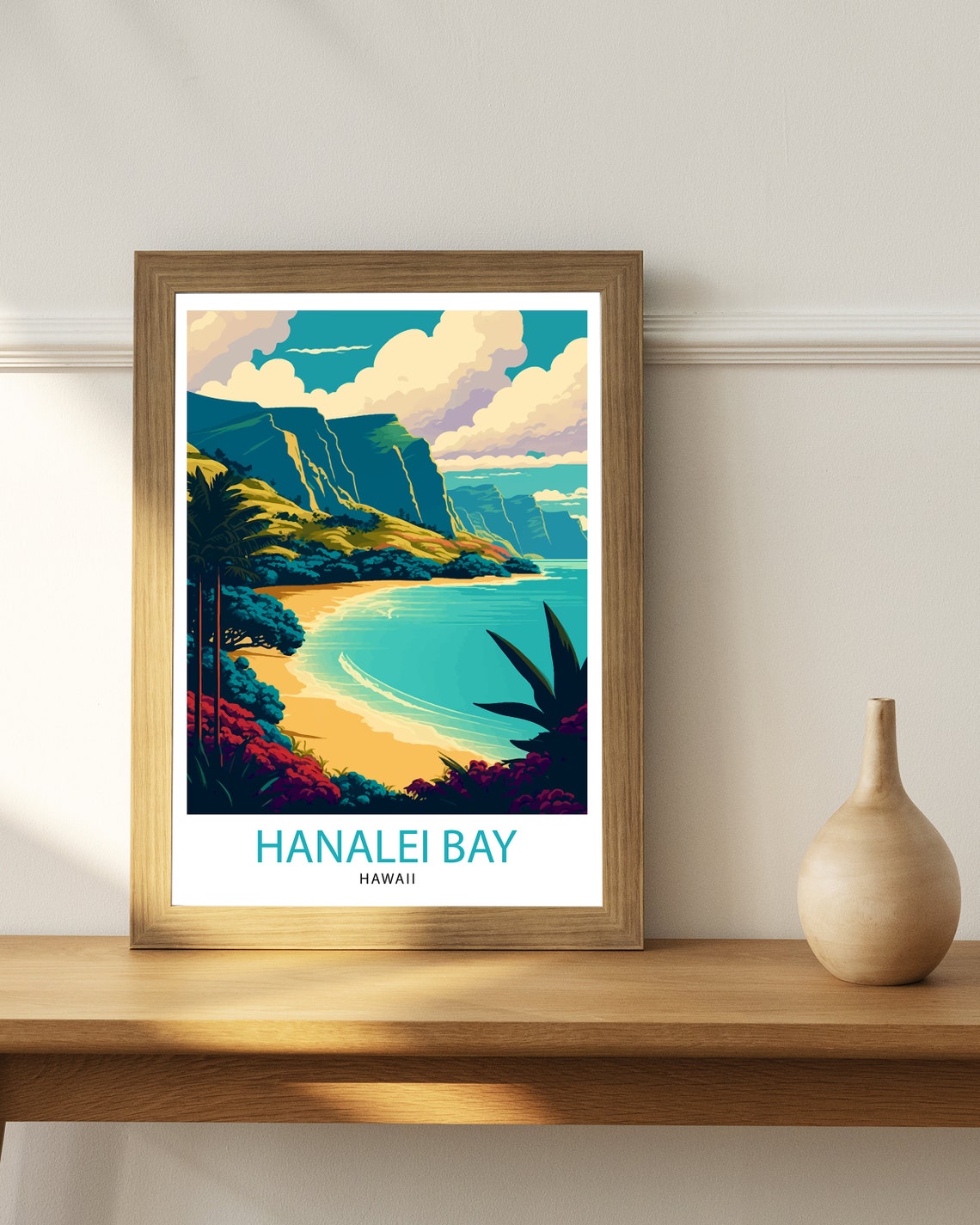 Hanalei Bay Hawaii Turquoise Water Golden Beach Cliffs Travel Poster - Image 3