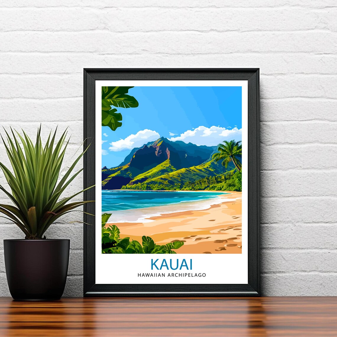 Kauai Hawaiian Archipelago Beach Green Cliffs Shore Travel Poster - Image 2
