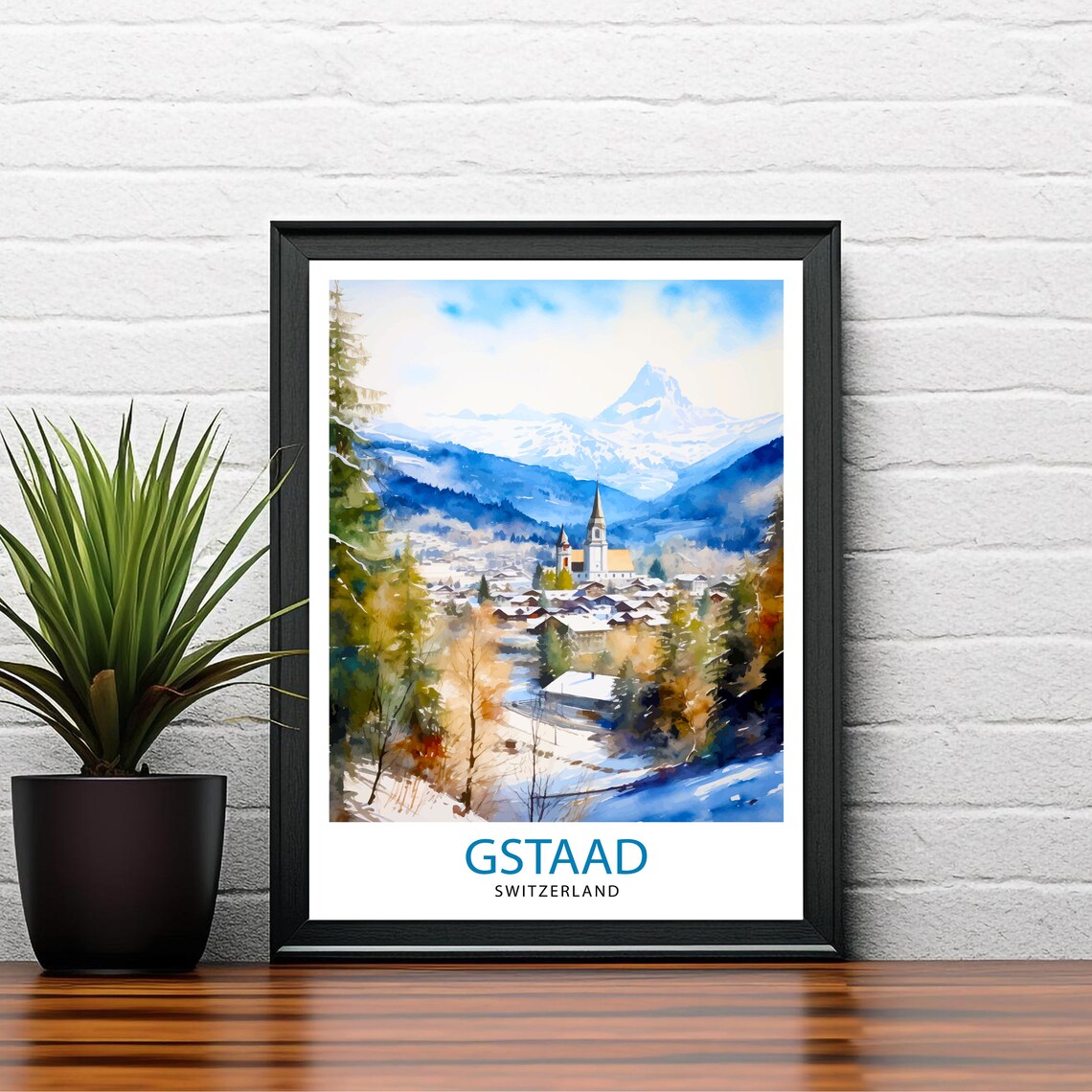Gstaad Switzerland Winter Village Snowy Alps Watercolor Travel Poster - Image 2