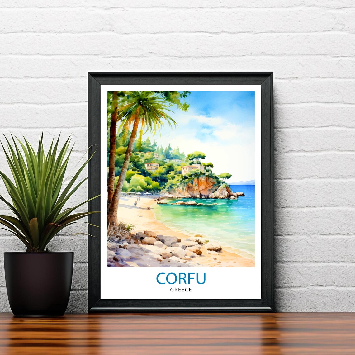 Corfu Greece Turquoise Cove Palm Trees Beach Watercolor Travel Poster - Image 2