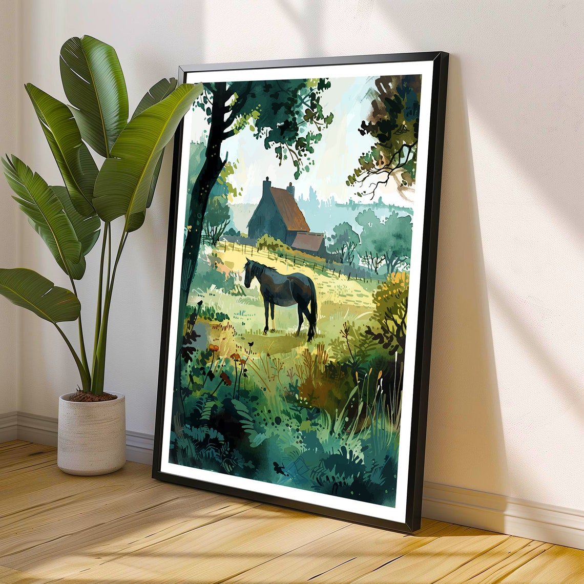 Horse Meadow Watercolor Countryside Barn Rustic Farm Scene Poster - Image 3