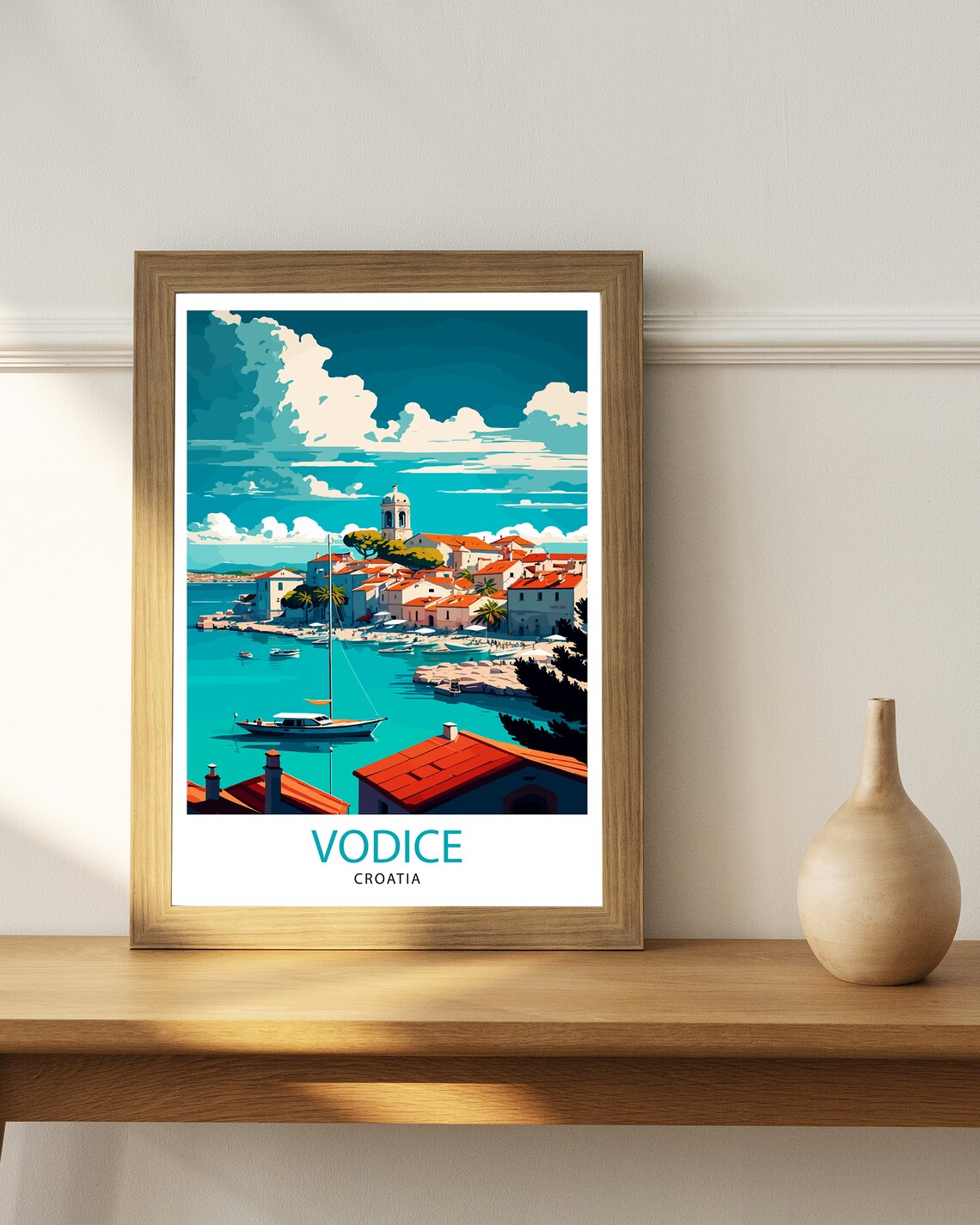 Vodice Croatia Harbor Red Roofs Sailboat Vintage Travel Poster - Image 3