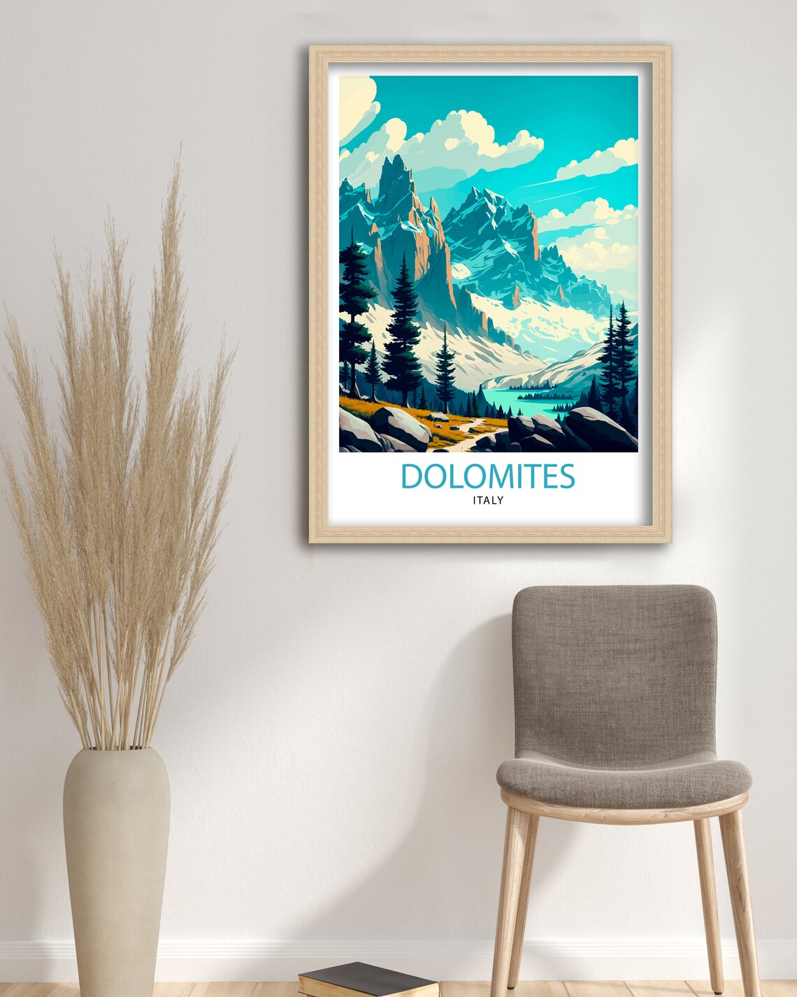 Dolomites Italy Snowy Peaks Alpine Lake Mountain Travel Poster - Image 3