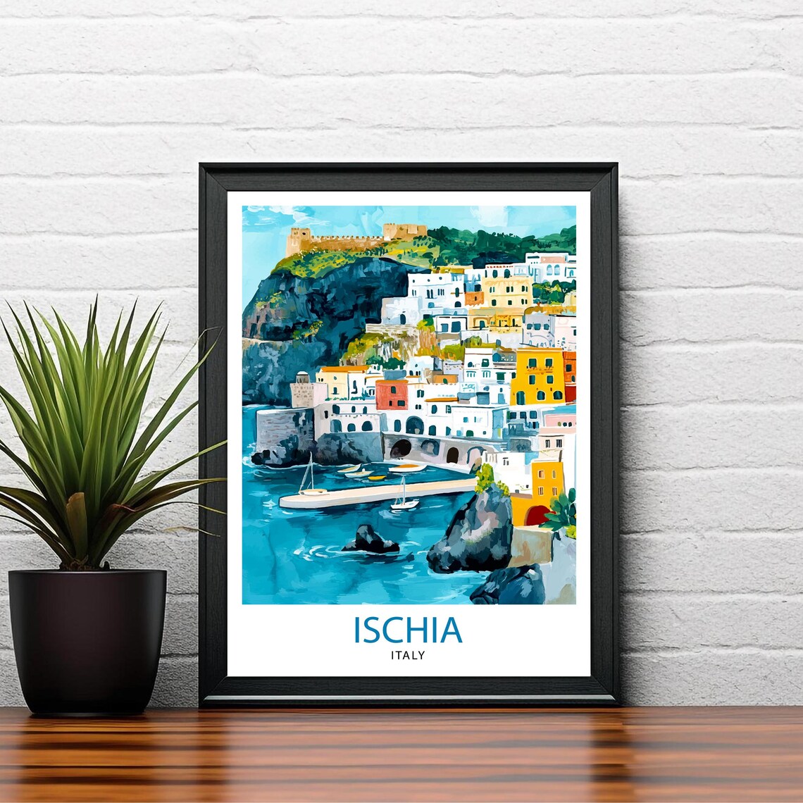 Ischia Italy Harbor Castle Colorful Houses Seaside Town Art Poster - Image 2