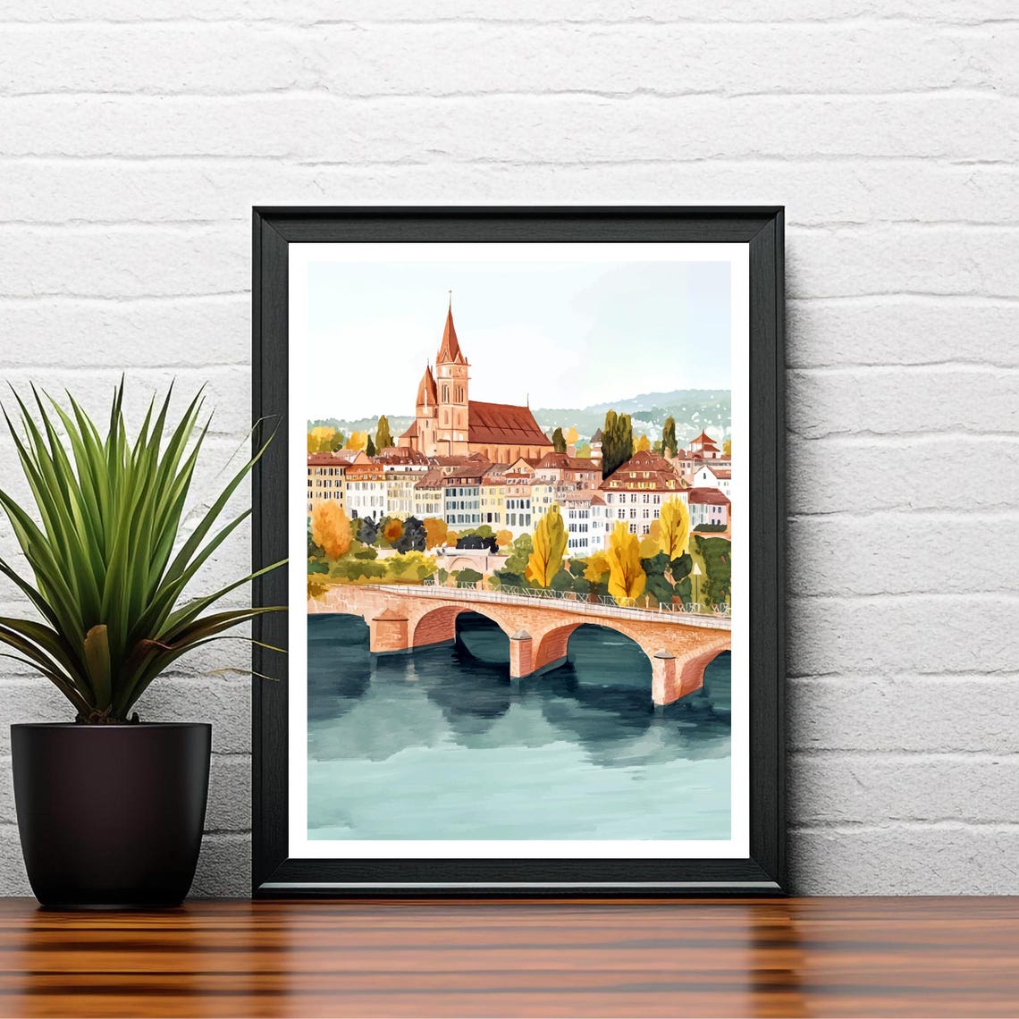 Basel Switzerland Rhine River Stone Bridge Cathedral View Poster - Image 2