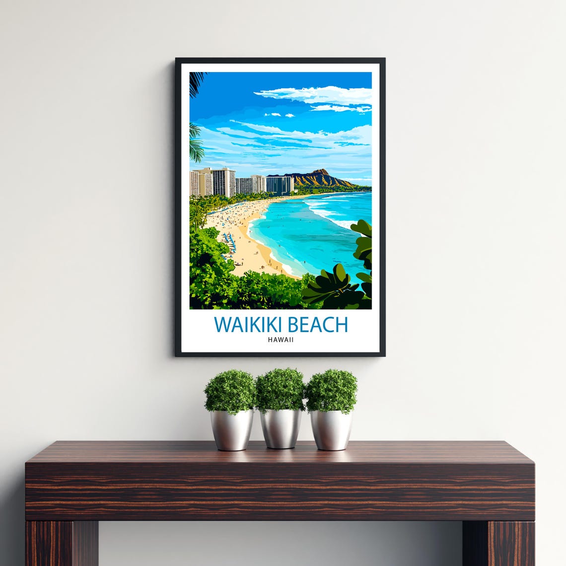 Waikiki Beach Hawaii Diamond Head Surf Palms Ocean Travel Poster - Image 3