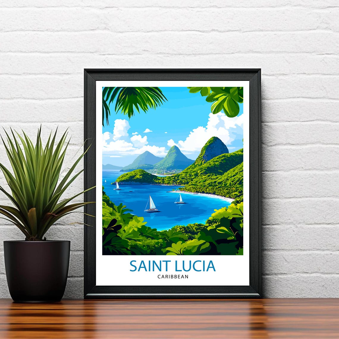 Saint Lucia Caribbean Piton Peaks Sailboat Bay Island Travel Poster - Image 2