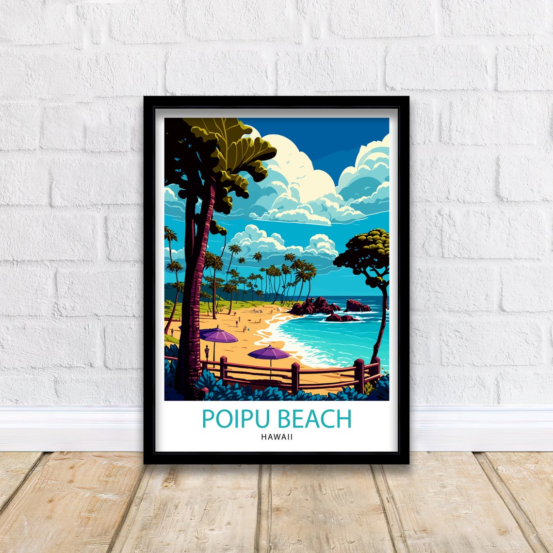 Poipu Beach Hawaii Palm Trees Umbrellas Ocean Vintage Travel Poster - Image 3