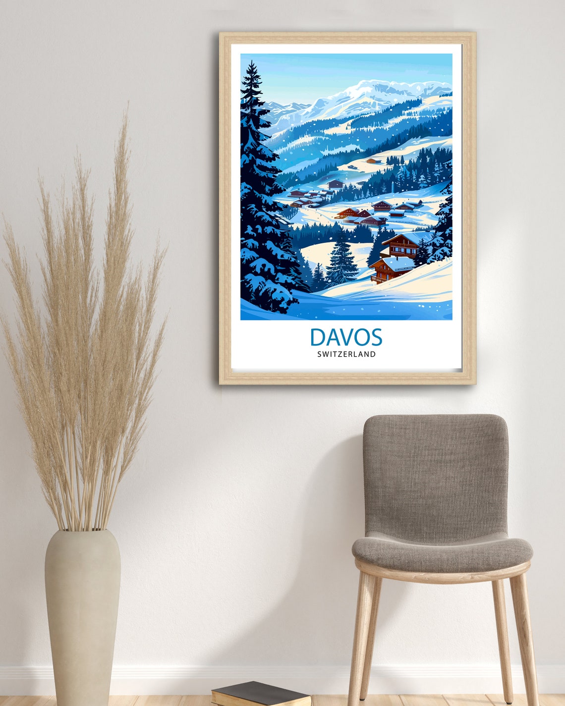 Davos Switzerland Snowy Alpine Village Chalets Peaks Travel Poster - Image 2