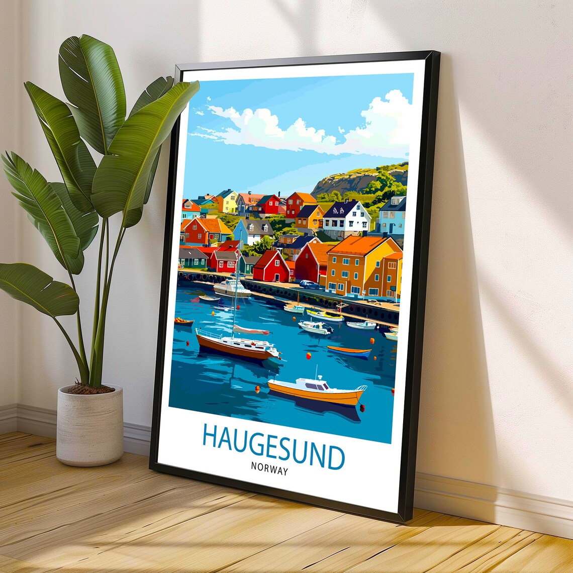 Haugesund Norway Colorful Harbor Houses And Boats Travel Poster - Image 3