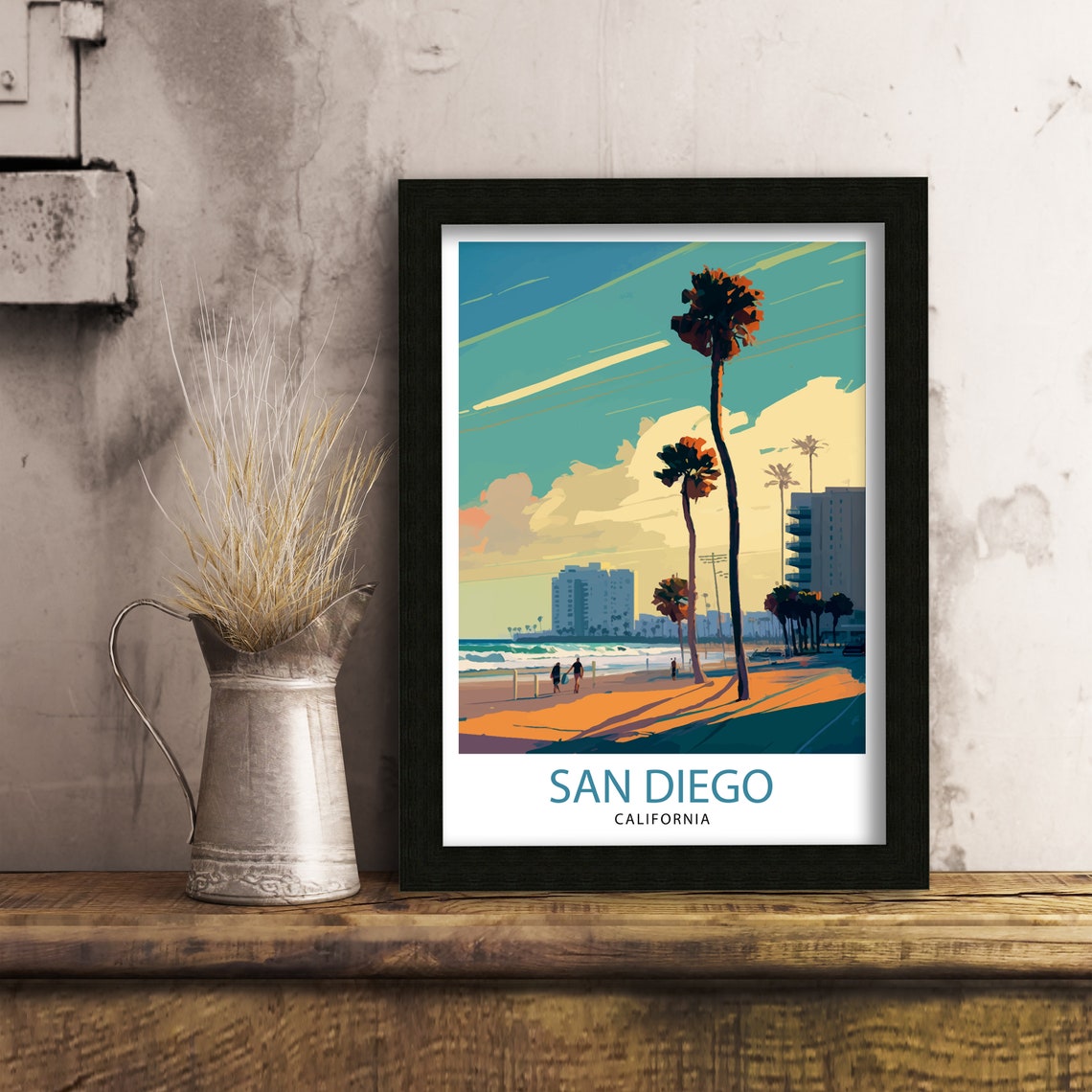 San Diego California Beach Palms Boardwalk Golden Sunset Glow Poster - Image 3