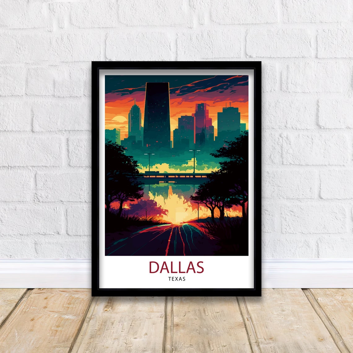 Dallas Texas Sunset Downtown Skyline Neon Cityscape Travel Poster - Image 2