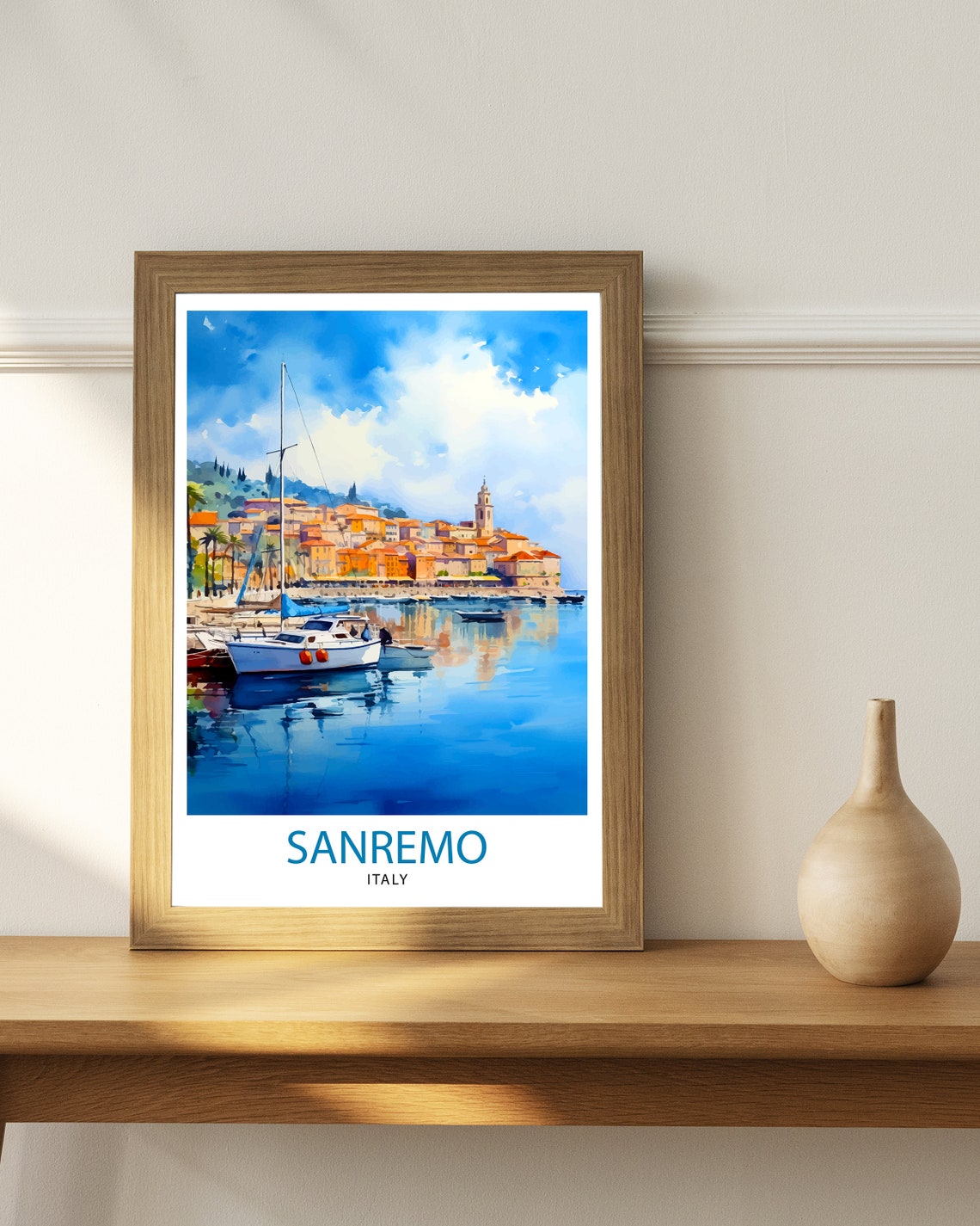 Sanremo Italy Harbor Sailboats Pastel Old Town Seaside Art Poster - Image 2