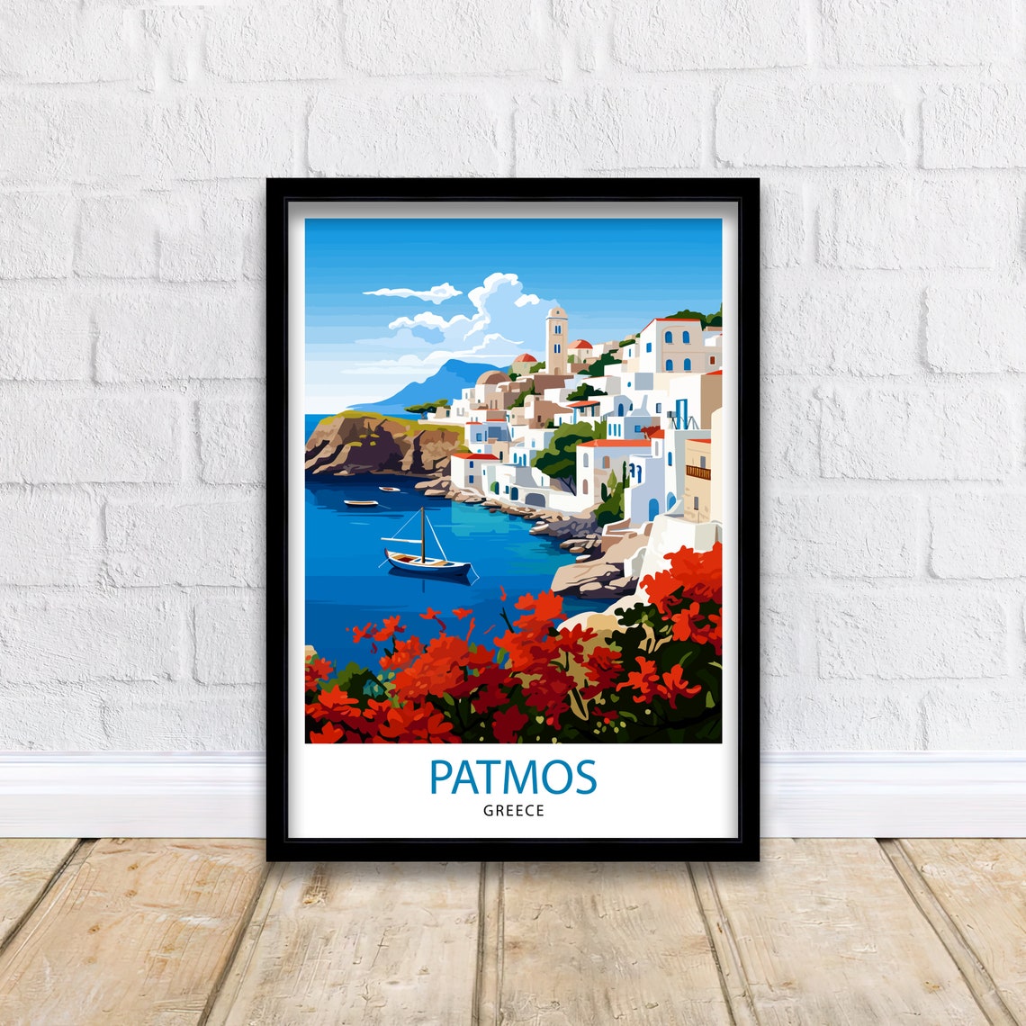 Patmos Greece Whitewashed Harbor Sailboat Red Flowers Island Poster - Image 2
