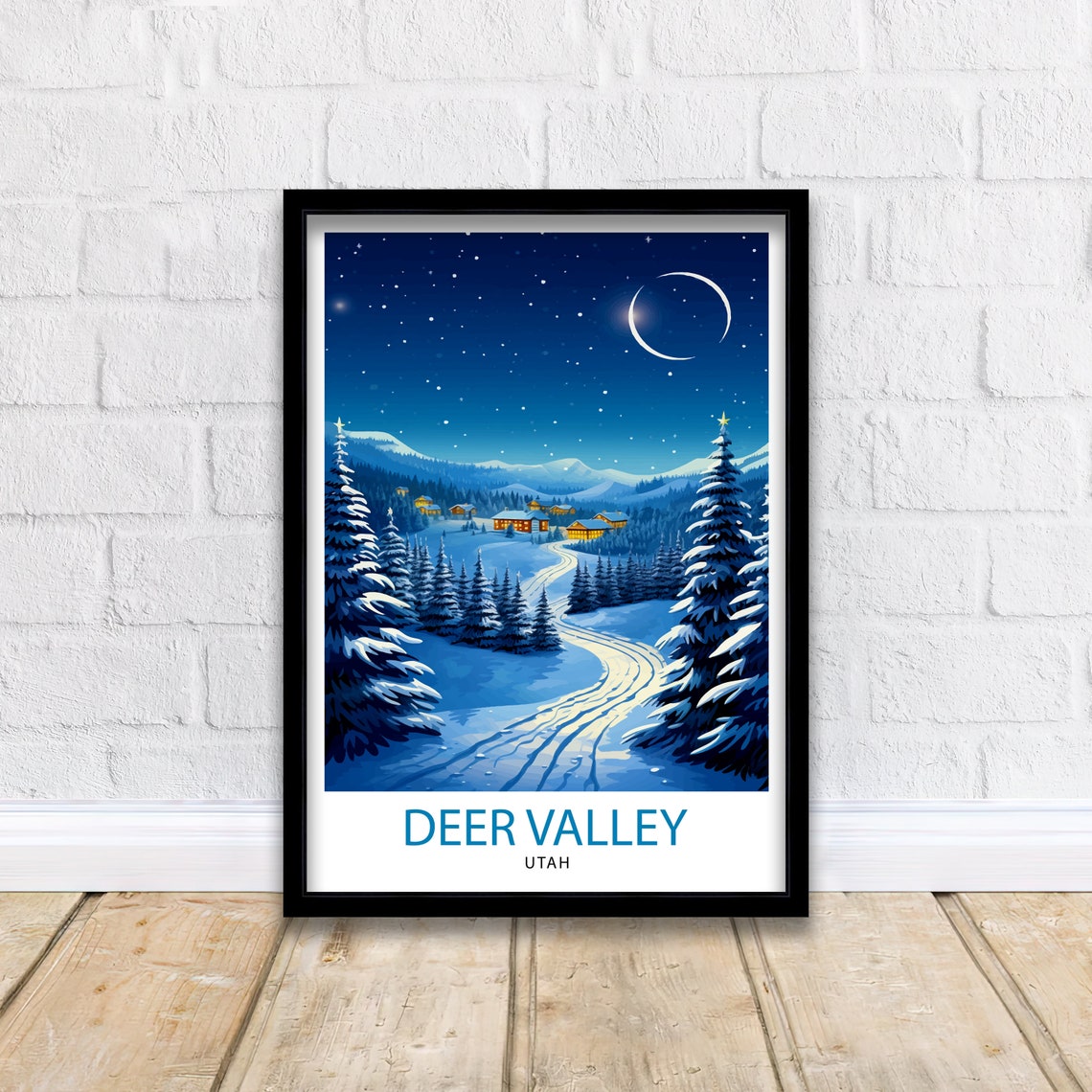Deer Valley Utah Night Ski Resort Moonlight Winter Travel Poster - Image 2