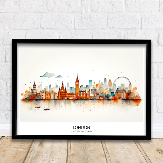 London United Kingdom Skyline Watercolor Big Ben Eye Travel Poster