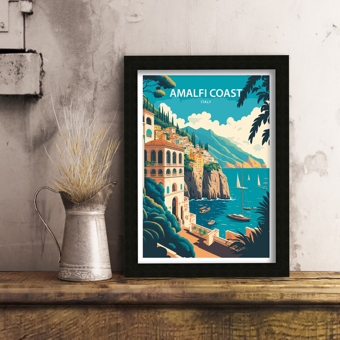 Amalfi Coast Italy Cliffside Village Sailboat Harbor Travel Poster - Image 3
