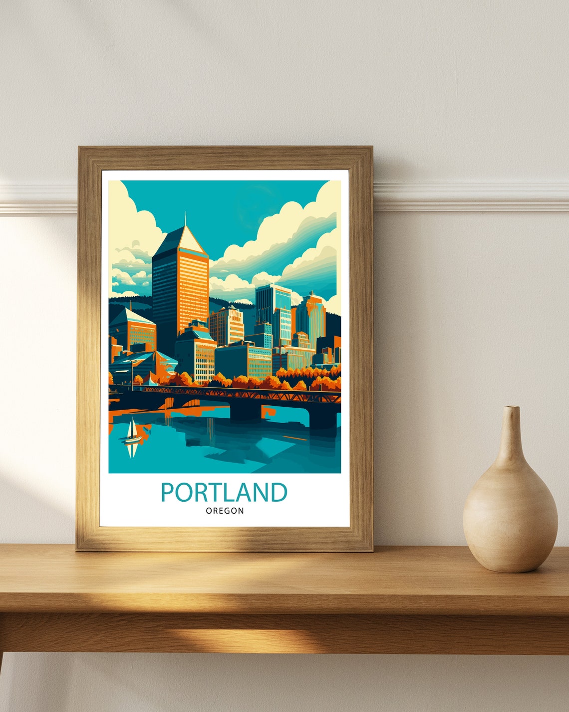 Portland Oregon Downtown Skyline River Bridge Vintage Travel Poster - Image 3