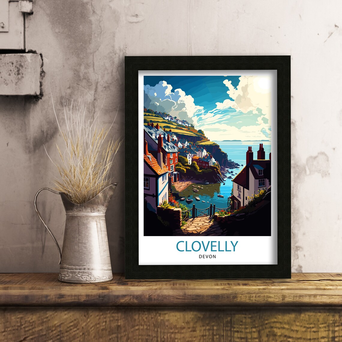 Clovelly Devon Travel Poster, Coastal Town Illustration - Image 3