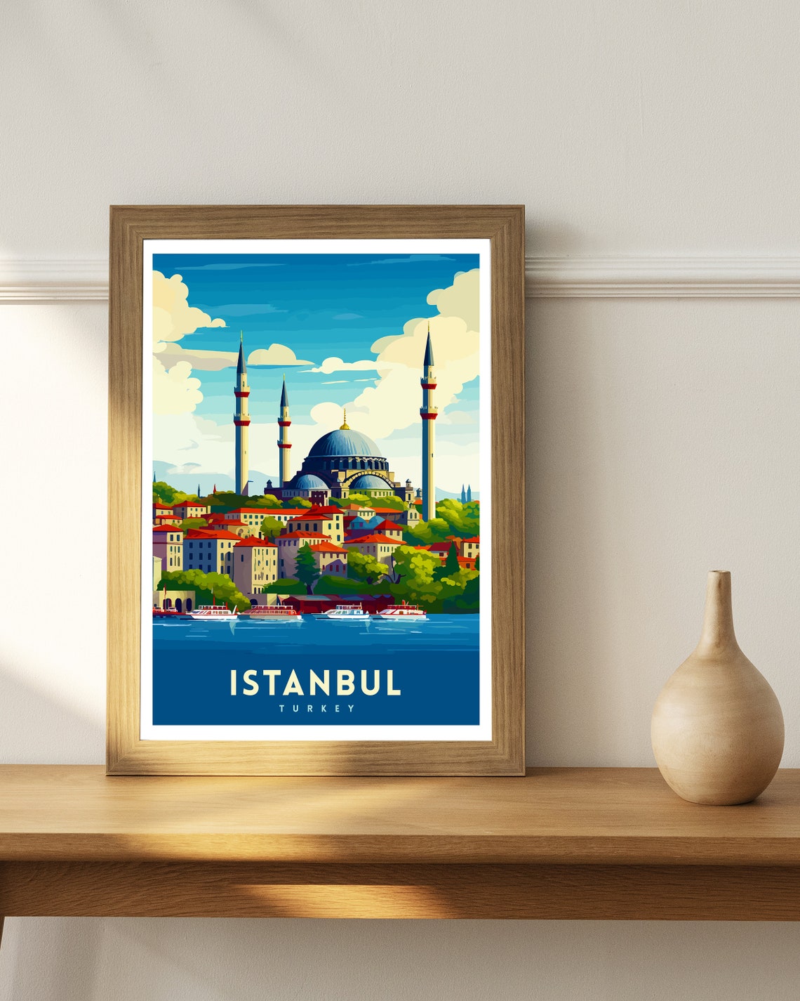 Istanbul Turkey Mosque Minarets Harbor Boats Skyline Artwork Poster - Image 2