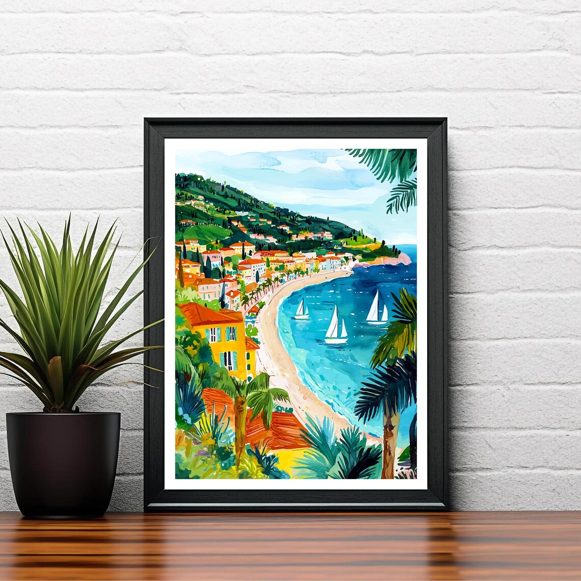 Nice France Riviera Beach Bay Sailboats Palm Trees View Poster - Image 2