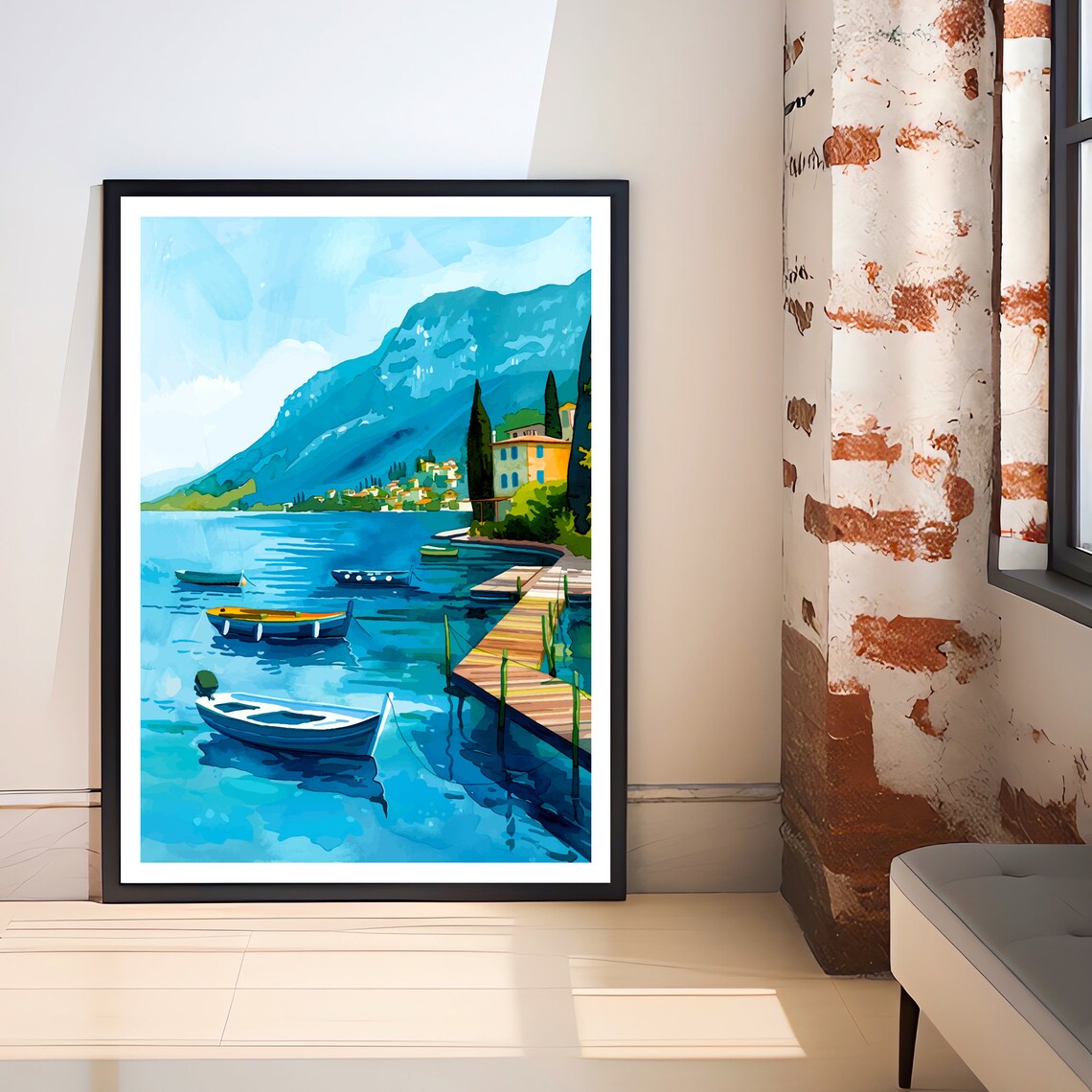 Lake Garda Italy Lakefront Harbor Boats Watercolor Travel Poster - Image 2