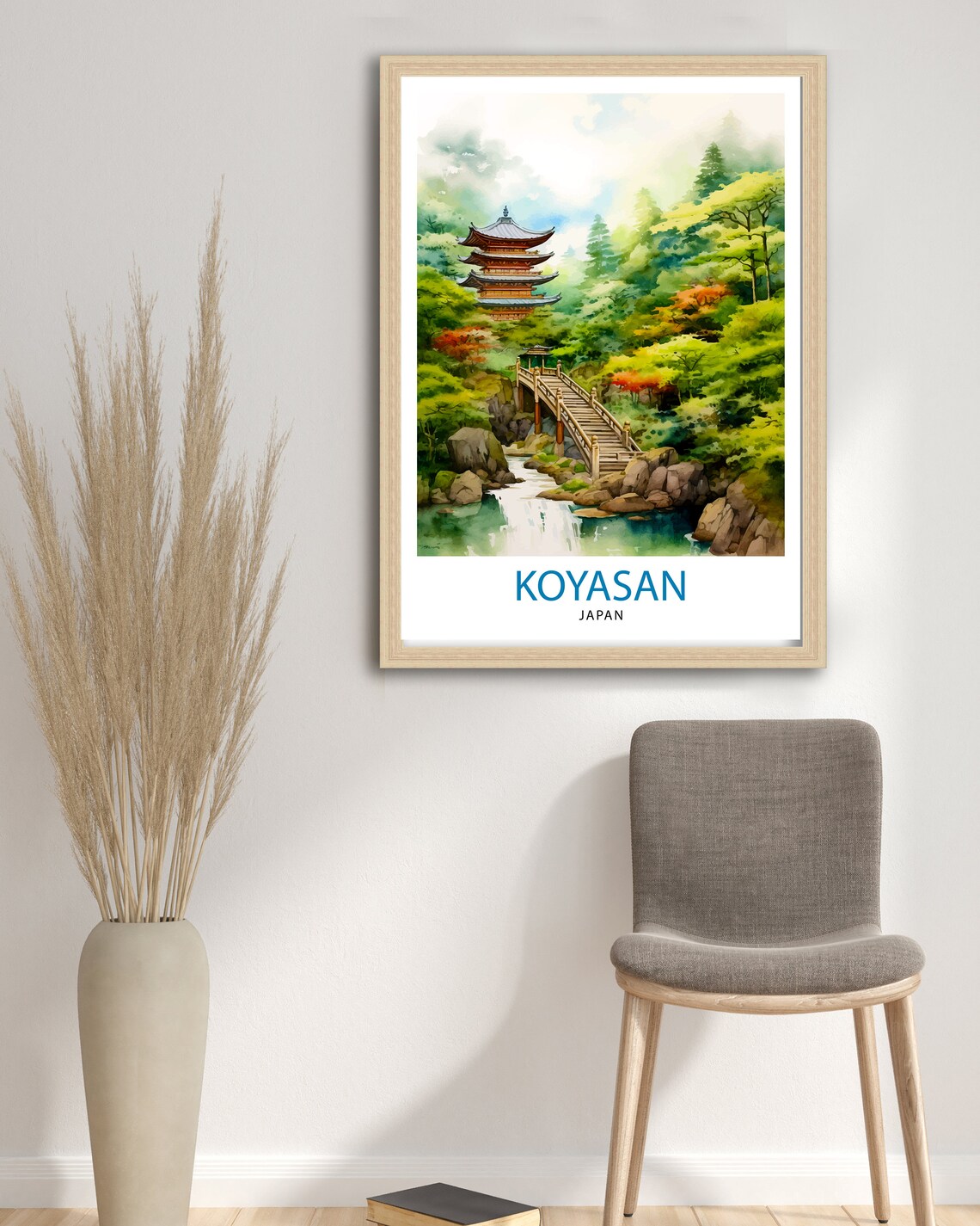 Koyasan Japan Watercolor Pagoda Forest Bridge Scene Travel Poster - Image 3
