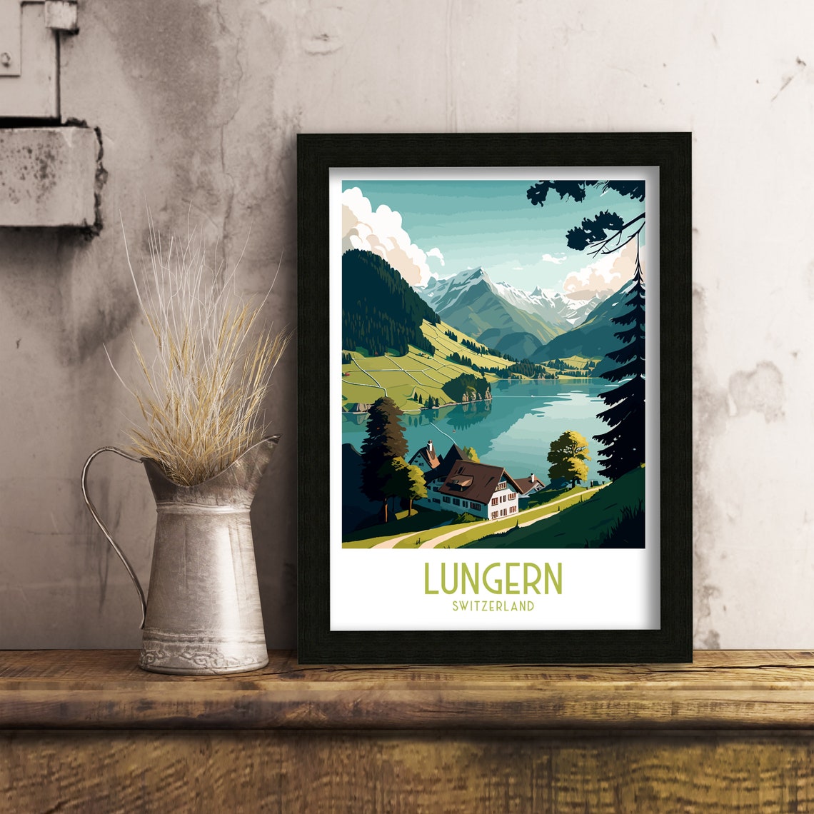 Lungern Switzerland Alpine Lake Chalet Vintage Travel Art Poster - Image 3