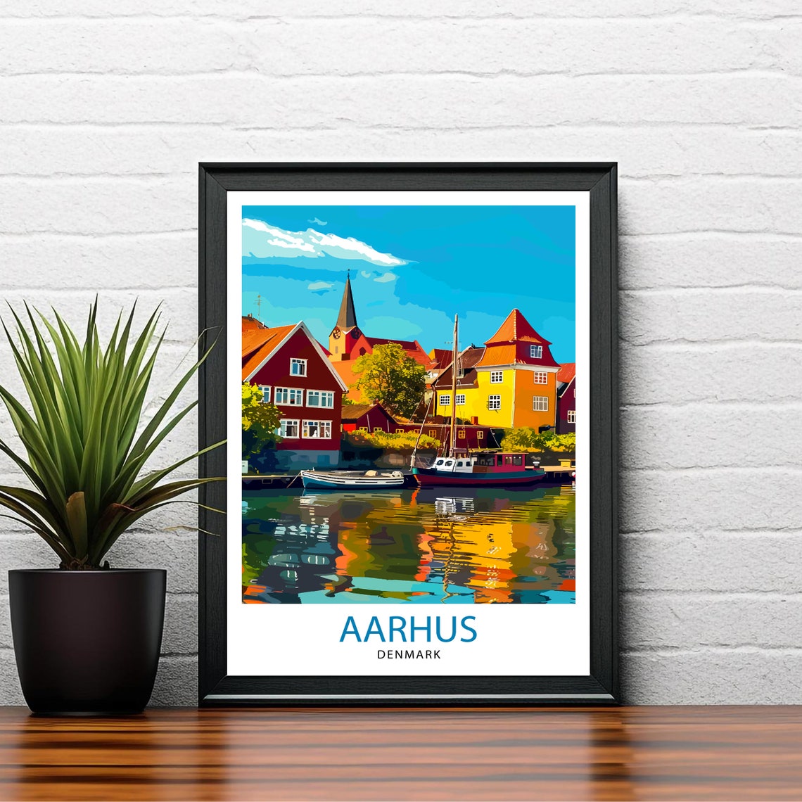 Aarhus Denmark Harbor Colorful Houses Boats Travel Beautiful Poster - Image 2