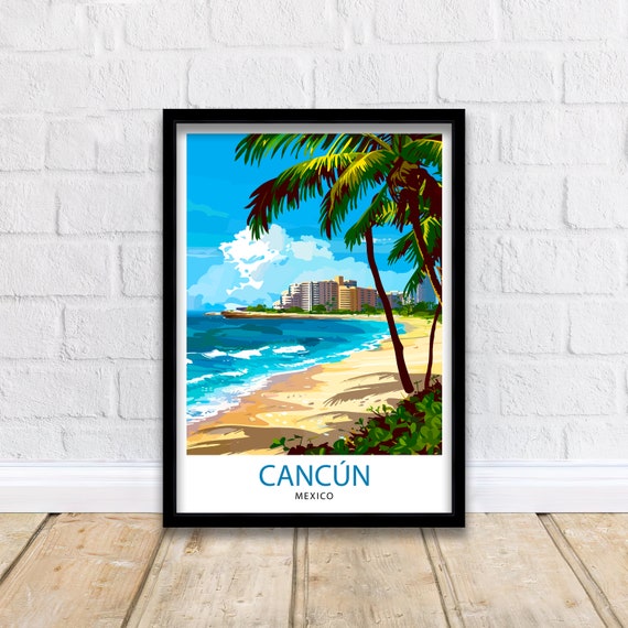 Cancun Mexico Palm Beach Resort Coastline Sunny Vintage Travel Poster