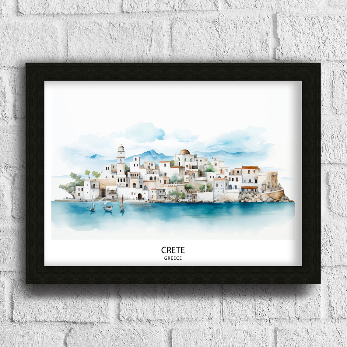 Crete Greece Whitewashed Coastal Town Mediterranean Watercolor Travel Poster - Image 3