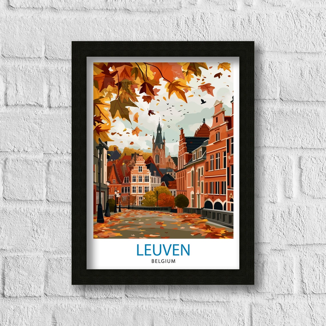 Leuven Belgium Autumn Street Brick Gables Falling Leaves Poster - Image 3