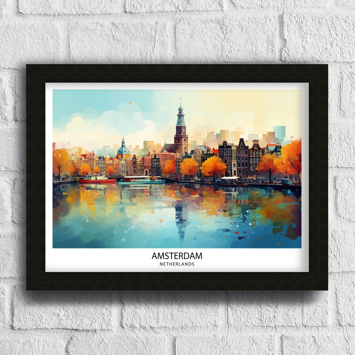 Amsterdam Skyline Canal Houses Watercolor Cityscape Travel Poster - Image 3