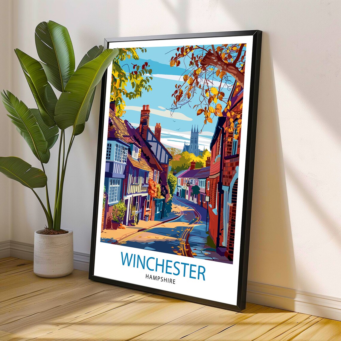 Winchester Hampshire Historic Old Street Cathedral View Travel Poster - Image 3