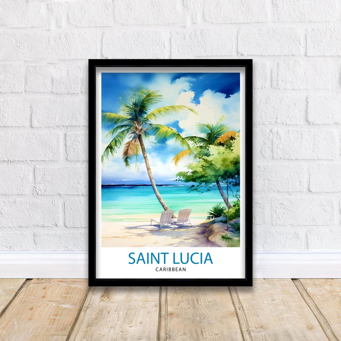 Saint Lucia Caribbean Palm Beach Seaside Watercolor Travel Poster - Image 2