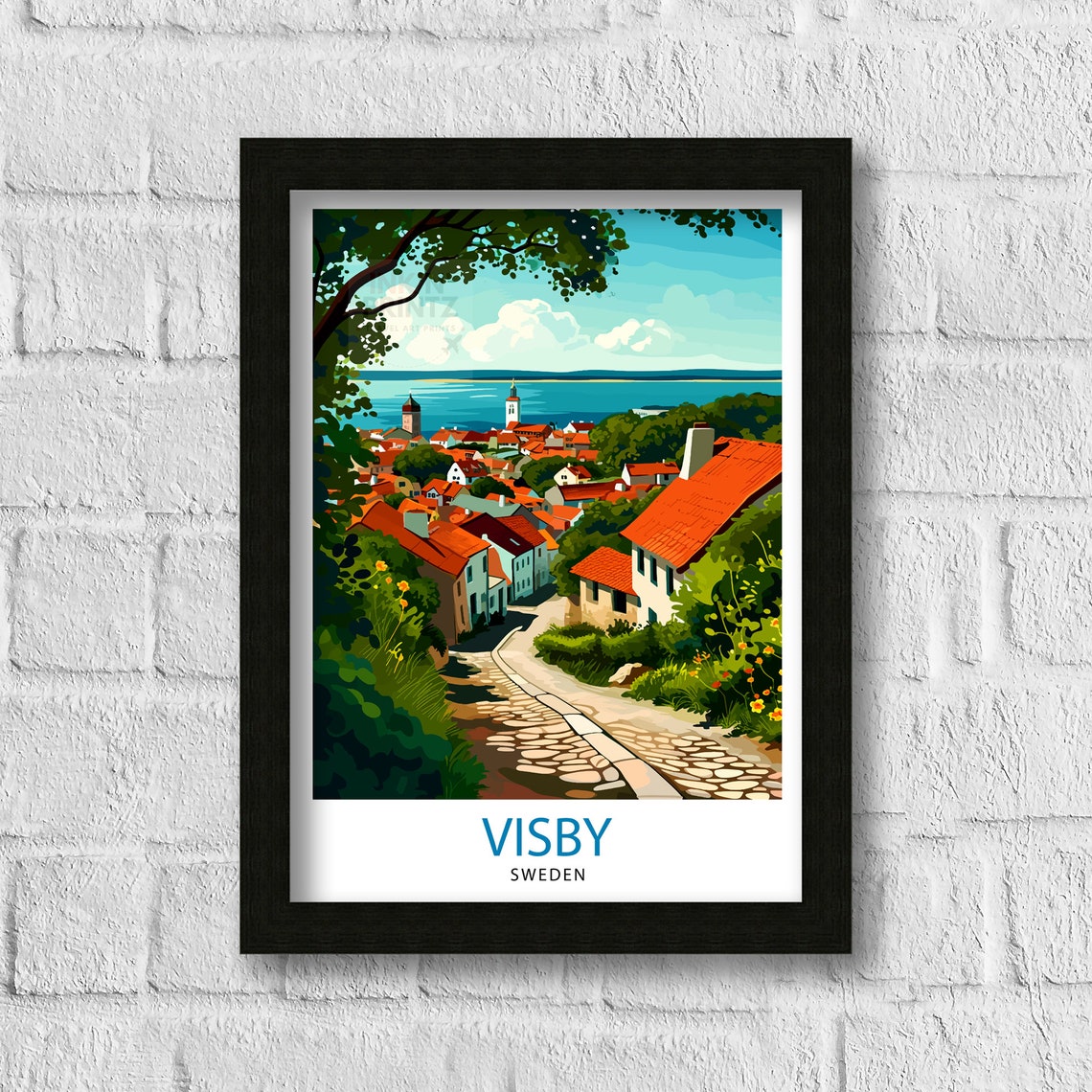 Visby Sweden Medieval Rooftops Cobblestone Street Travel Poster - Image 3