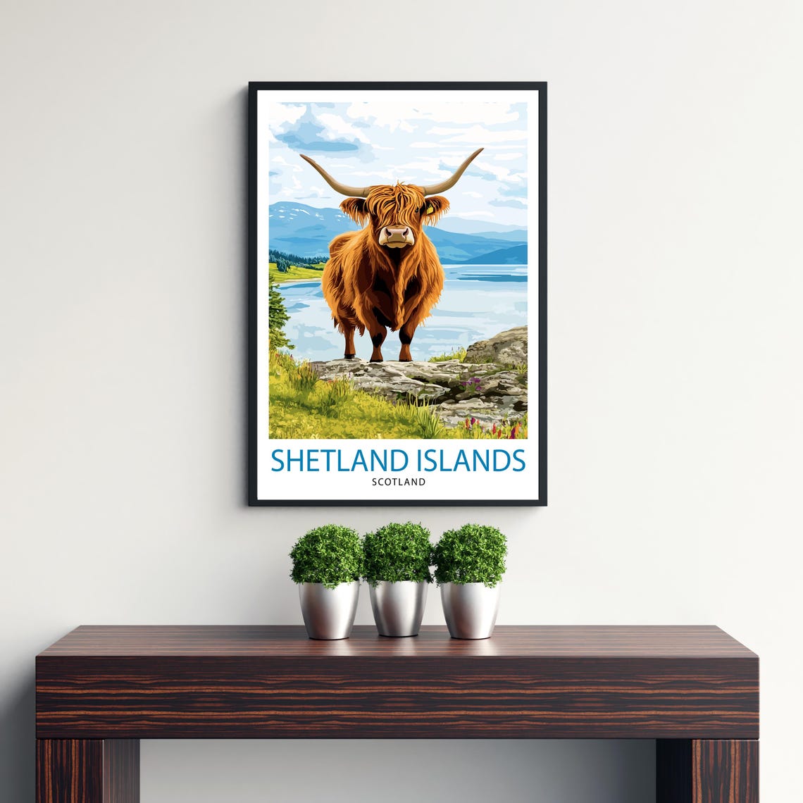 Shetland Islands Scotland Highland Cow Scenic Travel Art Poster - Image 2