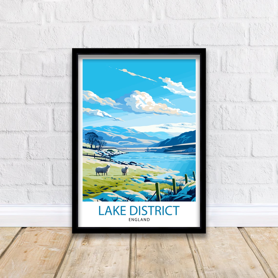 Lake District England Serene Sheep Grazing by Lake Travel Poster - Image 2