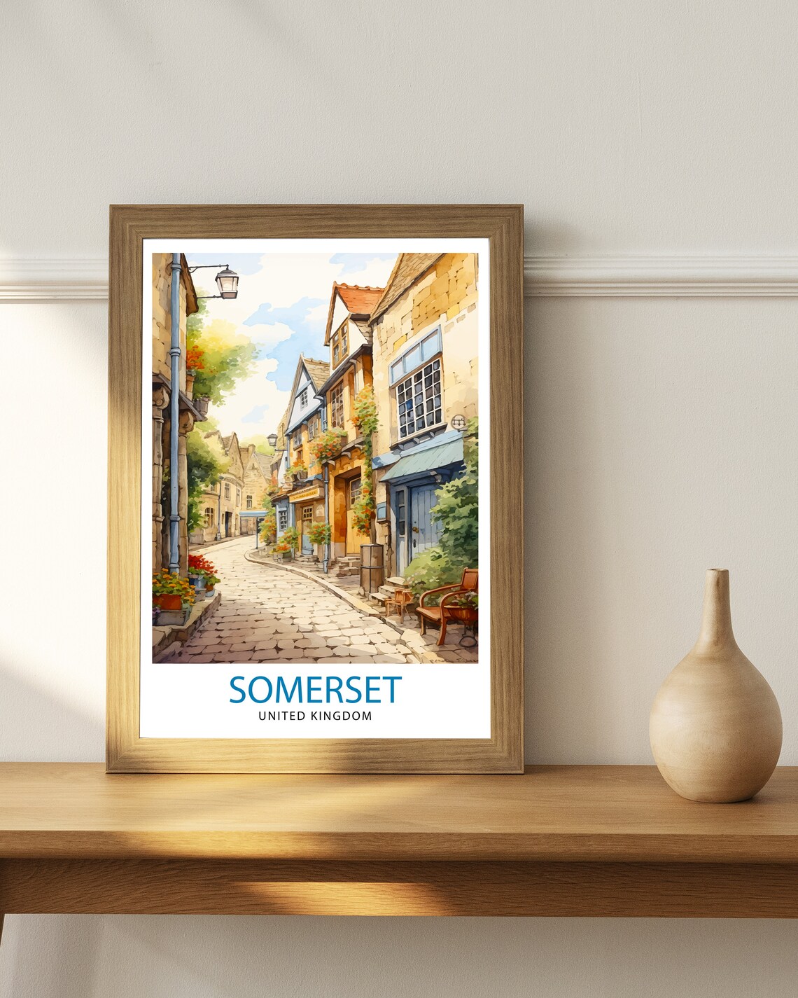 Somerset England Cobblestone Village Street Watercolor Poster - Image 3