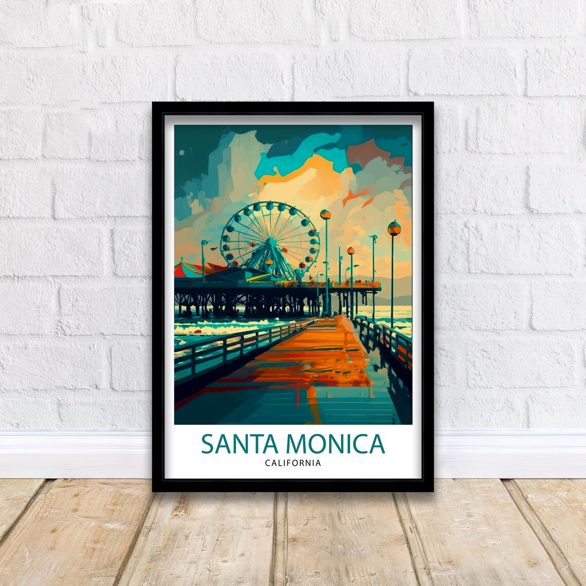 Santa Monica California Pier Ferris Wheel Sunset Travel Poster - Image 2