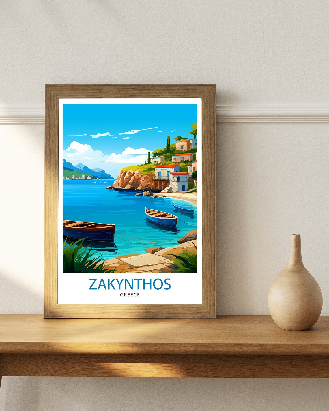 Zakynthos Greece Aegean Coastal Village Boat Scene Travel Poster - Image 3